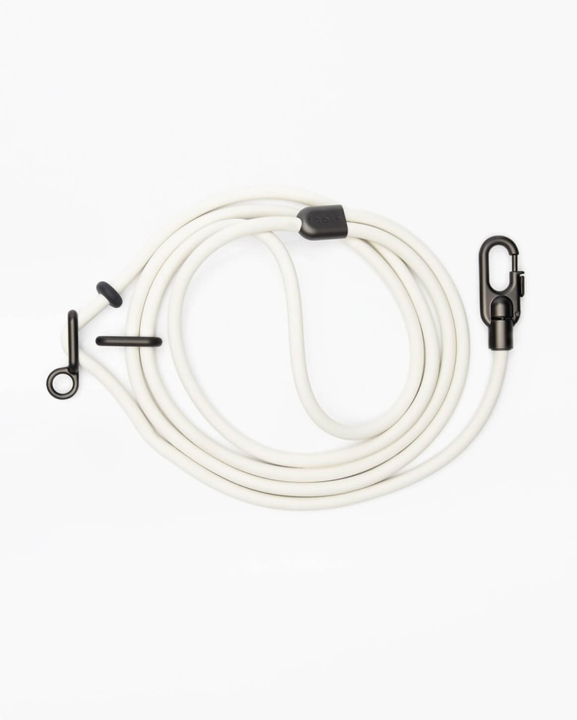 White cable with black clamps on a white background